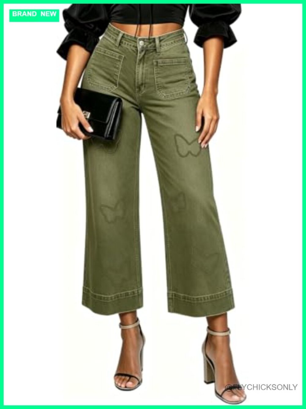 Cropped Wide Leg Jeans High Waisted Flared Stretchy Denim Pants
